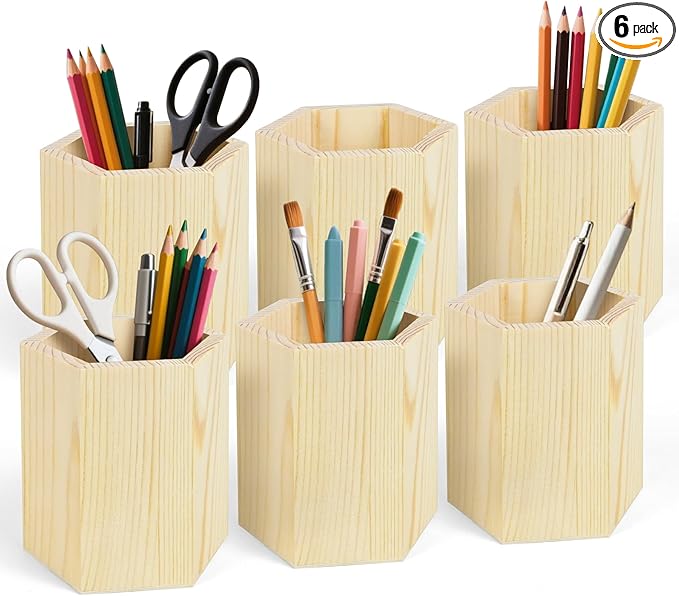 6 Pack Wood Pen Holder Unfinished Wooden Pencil Holder Pine Wood Pen Holder Stand for Desk Office Supplies Makeup Brushes Organizer (Hexagon)