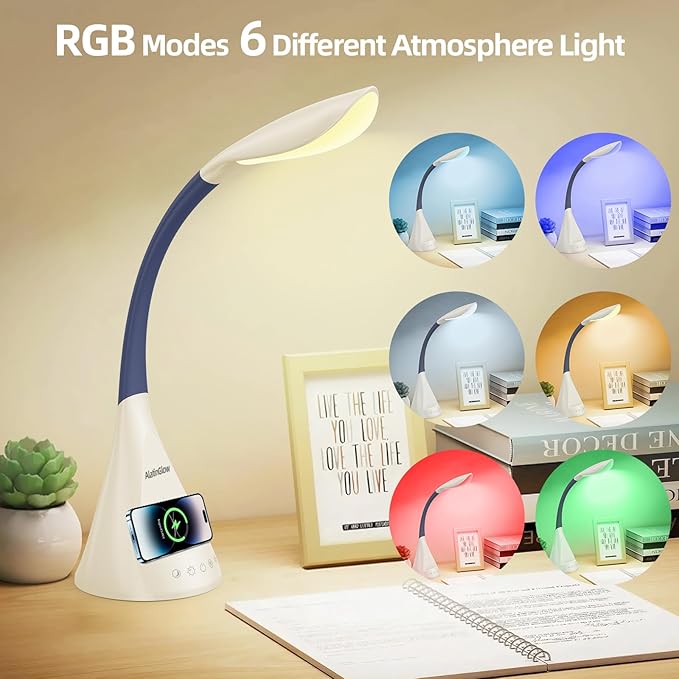 LED Desk Lamp with USB Charging Port, Dimmable Reading Light Touch Control and Eye Protection, Adjustable Brightness Table Lamp for Home Office Bedroom (White)