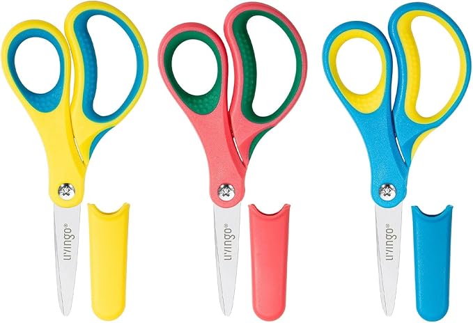 LIVINGO 5" Kids School Scissors: Small Safety Scissors Pointed Tip, Soft Handle Right Left Handedfor Craft, Classroom, Child, Toddler, Assorted Colors, 3 Pack