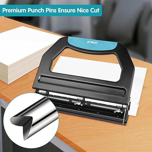 AFMAT HP18 Heavy Duty 3 Hole Punch, 50-Sheet Hole Puncher 3 Ring, 50% Reduced Effort, Adjustable Two & Three Hole Punch, Metal Paper Puncher w/Large Chip Tray, Metal Paper Guide, Black