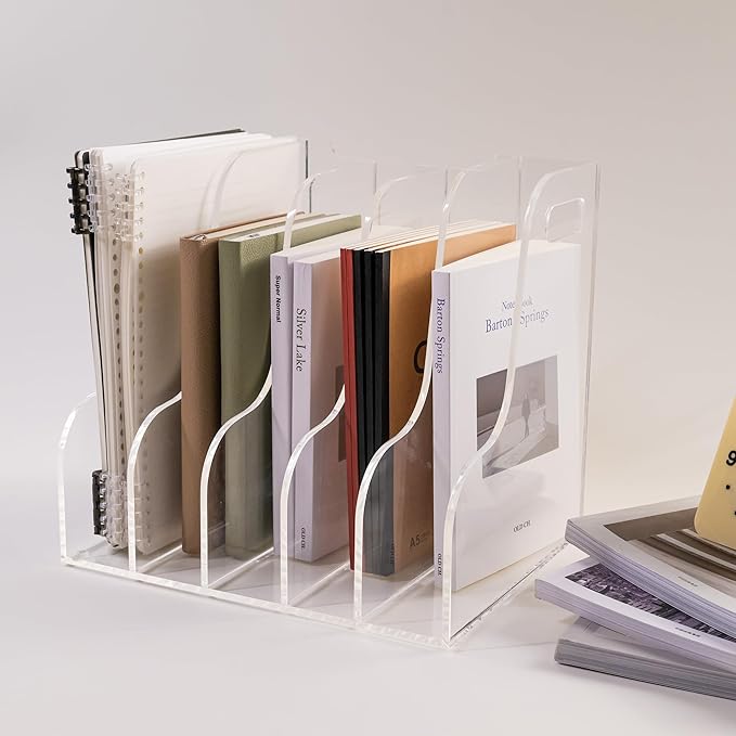 5 Vertical Compartments File Holder, Clear Acrylic Desk Organizer and Storage Bins Holding for Magazines, Binders, Notebooks, Envelopes, Multi-purpose Document Organizer for Home Office