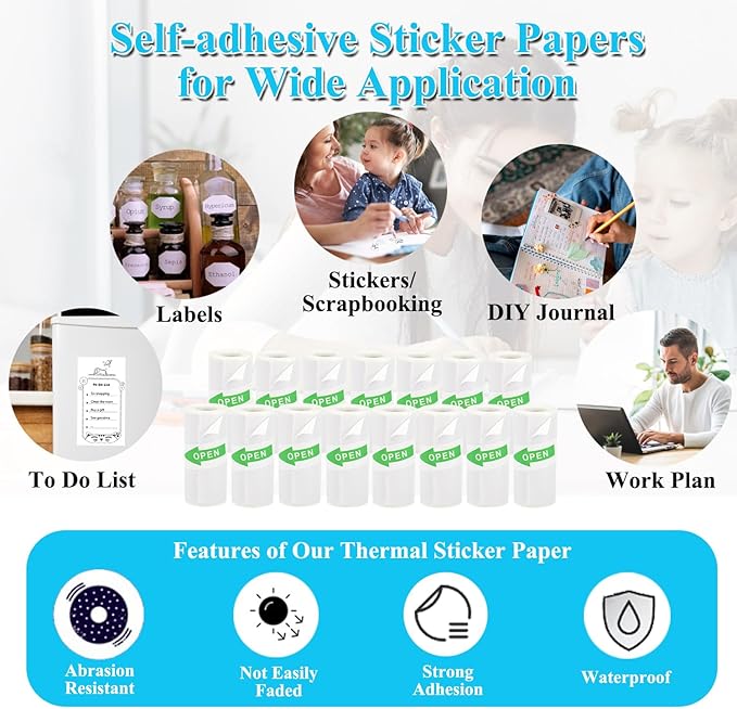 15 Rolls Mini Sticker Paper, Thermal Sticker Paper for Sticker Maker, Self-Adhesive Sticker Printer Paper, 57 x 25 mm, Compatible with Most Receipt Printers