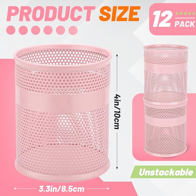 Segarty Pen Holder, 12 Pack Pink Pencil Holder, 3.3 x 3.9 inch Pens Cups, Round Metal Pencils Container Desktop Organizer for Office Supplies, School Classroom, Makeup Brush