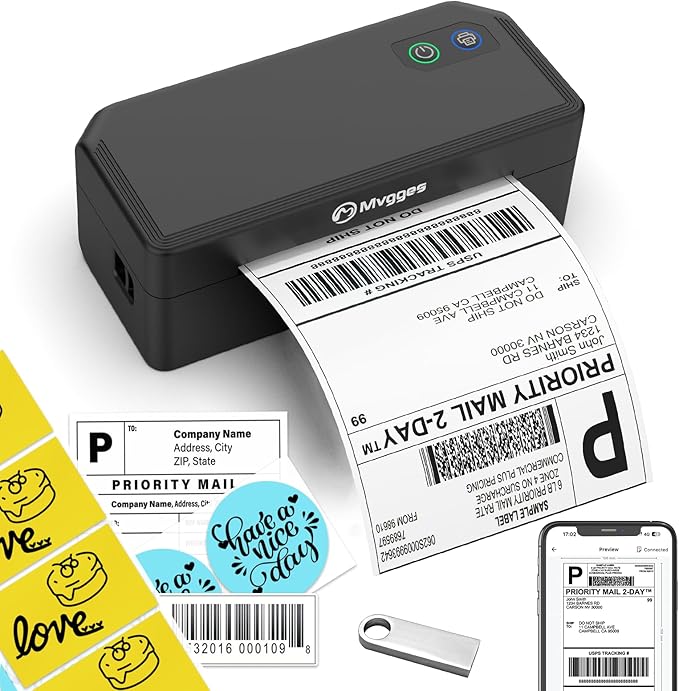 Mvgges Shipping Label Printer,Bluetooth 4x6 Thermal Label Printer for Small Business Office or Home, Compatible with Android, iOS, Windows and Mac, Widely Used for Amazon,Ebay,USPS,Etsy