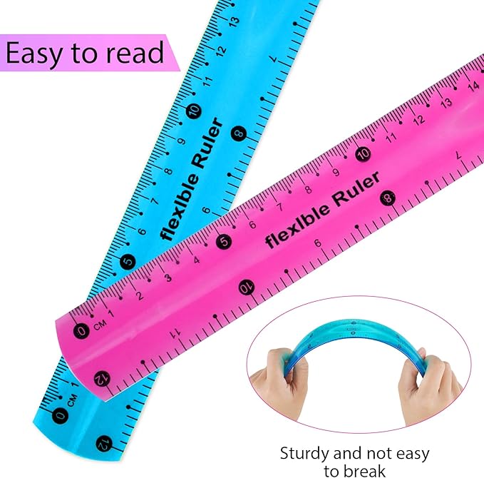 Grevosea 2 PCS Flexible Ruler Bendable Unbreakable Safe Soft Transparent Clear Shatterproof Clear Rulers Straight Flat Plastic Ruler for Home School Classroom Office Kids Adults (Purple, Blue)