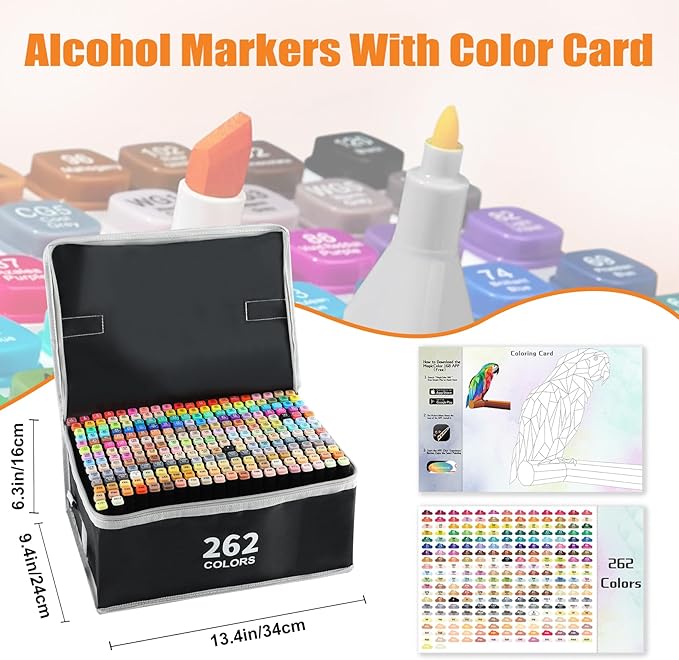 262 Colors Alcohol Markers with Free App, Chisel & Fine Tip Alcohol-Based Marker Set for Adults Kids, Dual Tip Artist Markers for Drawing, Coloring Illustration, Painting and Great Gift Idea
