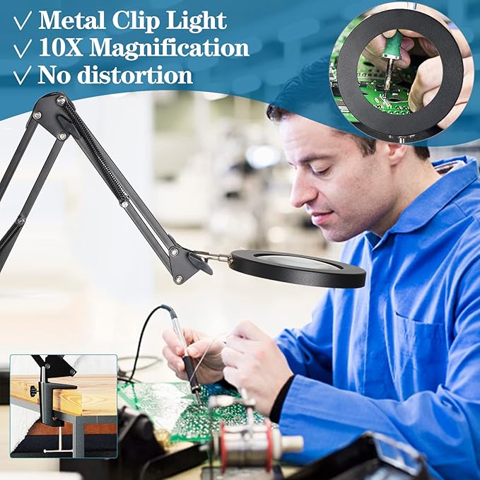 HITTI 10X Magnifying Glass with Light and Stand, Stepless Dimming 3 Color Modes LED Magnifier Lighted Glass, Hands Free Desk Lamp with Clamp for Reading Repair Crafts Close Work