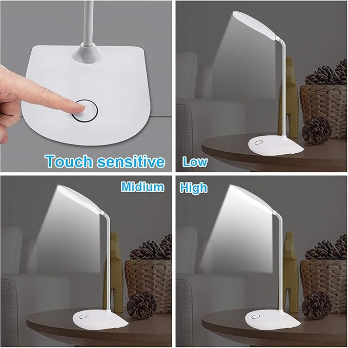 DEEPLITE LED Desk Lamp with Flexible Gooseneck 3 Level Brightness, Battery Operated Table Lamp 5W Touch Control,Compact Portable lamp for Dorm Study Office Bedroom,Eye-Caring and Energy Saving