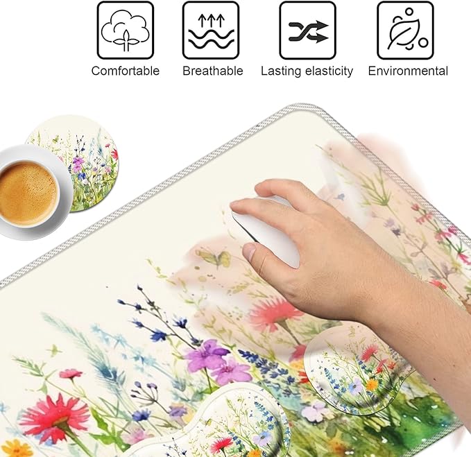 Keyboard Mouse Pad Set,Large Mouse Pad+Keyboard Wrist Rest+Wrist Support+Coaster,31.5x11.8in Extended Desk Mat for Computer Laptop Office Home - Plant Flower