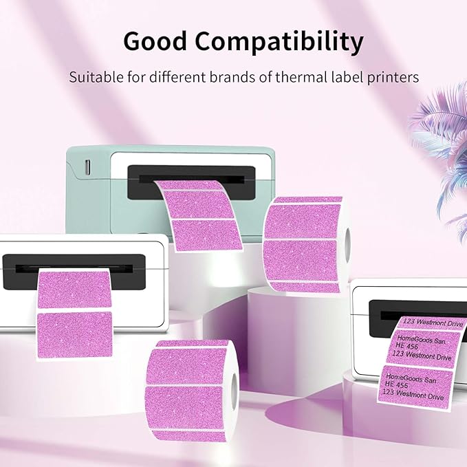 2.25"x1.25" Holographic Thermal Labels Stickers, Glitter Direct Thermal Printer Labels, Waterproof Self-Adhesive Address Shipping Label Stickers, 300 Sheet/ 1 Roll, Holographic Shiny Pink