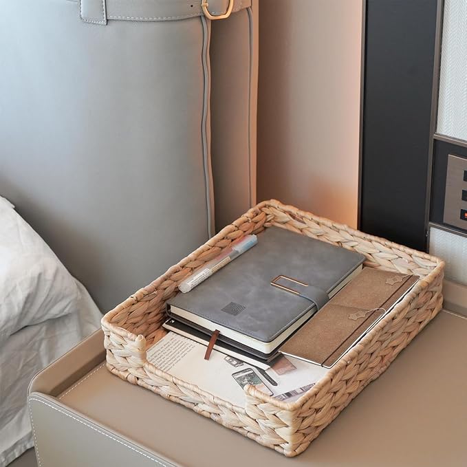 PINXIURY Water Hyacinth Letter Tray for A4 File Desk Mail Letter-Size Paper, Basket Woven Organizer, Magazine Files Storage, Office Document Organizer and Storage