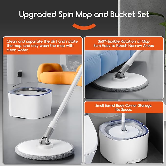 REECOO Spin Mop and Electric Bucket System, Unique Automatic Washing and Wring Electric Bucket, Upgrade Spin Mop Bucket with 2 Microfiber Cloths,Suitable for Hardwood Tile Marble Floor-White