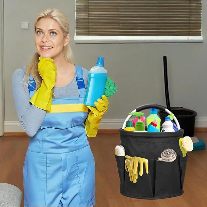 17L Cleaning Caddy with Handle, Garden Tool Organizers Bag, Cleaning Bucket Organiser, Foldable Gardening Bags Multi Pocket, Green