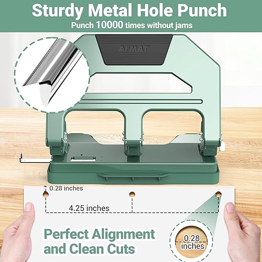 AFMAT HPX2 Heavy Duty 3 Hole Puncher, 40-Sheet Three Hole Punch Heavy Duty, 50% Reduced Effort Paper Punch, 10K+ Uses, Metal Hole Puncher 3 Ring w/Large Tray, Bulit-in S.S. Paper Guide, Green