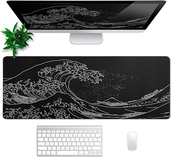 Japanese Gaming Mouse Pad Abstract Black Mouse Pad 31.5x11.8 Inch Black Sea Wave Texture Non-Slip Rubber Base Large Ocean Mousepad Stitched Edges Keyboard Mouse Mat Desk Pad for Office and Home