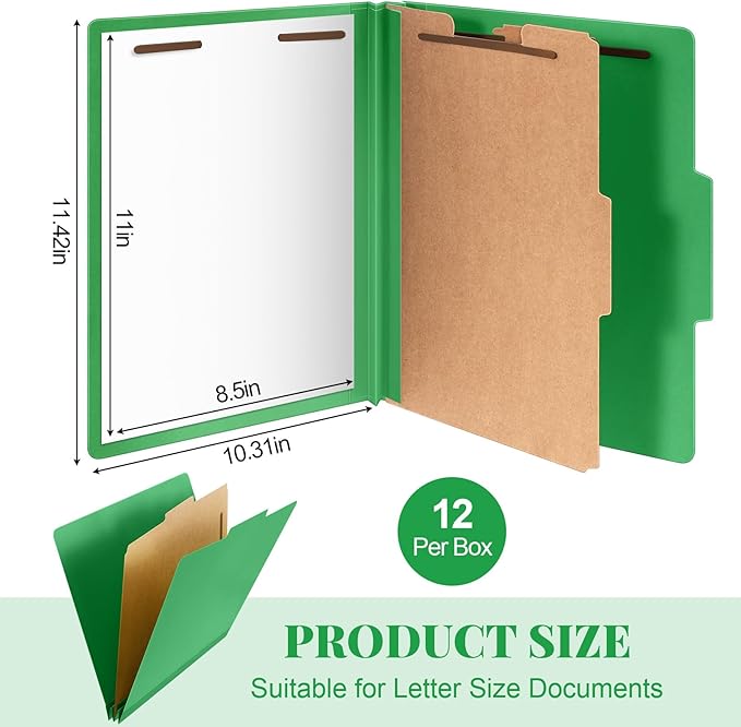 12 Pcs Classification Folders Letter Size, 1 Divider Pressboard File Folder with Fasteners, Expanding File Organizer Bulk for Teachers, Clergy, Office, Church, Christmas Donations (Green)