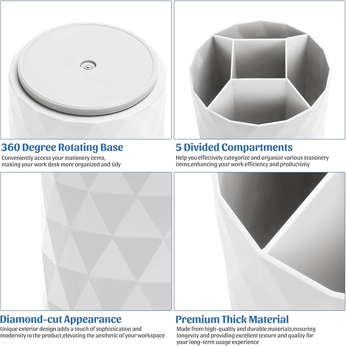 Desk Organizer,Sparkling Diamond-like Pen Holder for Desk 360°Rotating Office Accessories,Pencil Cup with 5 Compartments Storage Box Caddy for Office,School,Home,Art Supply(White)