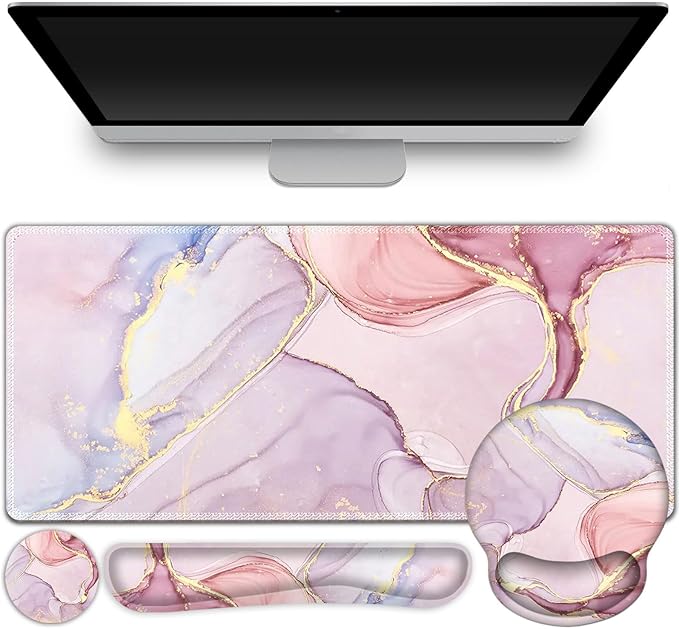 ToLuLu Desk Mat, XXL Large Mouse Pad Wrist Support Set，4 in1 Gaming Mousepad Desk Pad+ Ergonomic Mouse Pad with Wrist Rest + Keyboard Wrist Rest+Coaster for Home Office Computer, Pink Glitter Marble