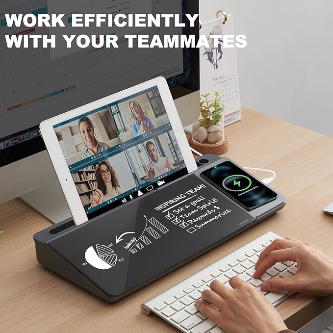 Small Glass Desktop Whiteboard Dry-Erase-Board - Computer Keyboard Stand with Wireless Charger White Board Surface Pad with Drawer, Desk Organizers with Accessories for Office, Home, School Supplies