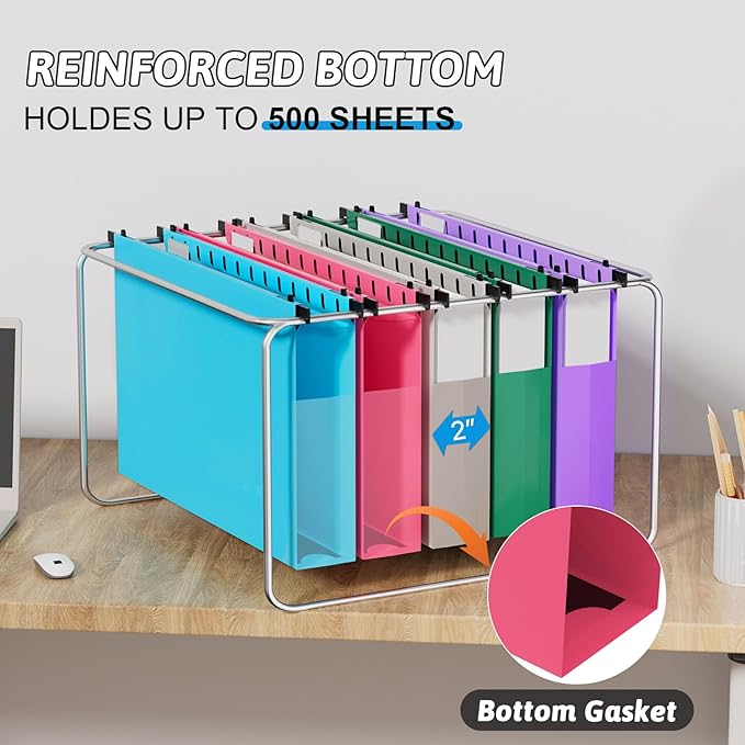 Plastic Extra Capacity Legal Size Hanging File Folders,12 Pack Reinforced Legal Hanging Folders Expandable,Heavy Duty 2 Inch Expansion with Tabs,Filing Cabinet Folders for Bulky Files-Colorful