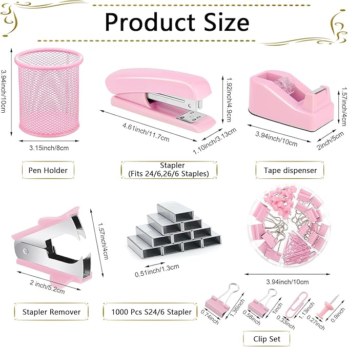 Office Supplies,Desk Accessories, Stapler and Tape Dispenser Set for Women with Stapler, Tape Dispenser, Staple Remover, Staples, Clips, Scissor and Tabs,Gift for Students, Coworkers
