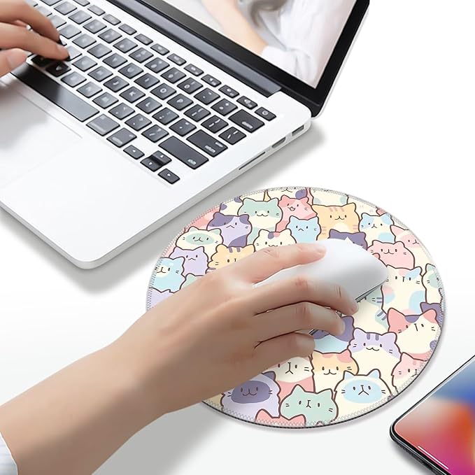 Round Cute Cat Mouse Pad, Small Kawaii Funny Cat Design Mousepad, Laptop Computer Office and Gaming Desk Mat for Girl, 7.9x7.9x0.12in(02-Cat)