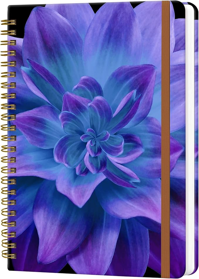 Spiral Journal Notebook for Women, Hardcover A5 College Ruled Notebook, 120 Pages, Thick Paper, Cute Lined Journal for School, Office & Work, 6 x 8.4 in(Purple Blue Dahlia Flower)
