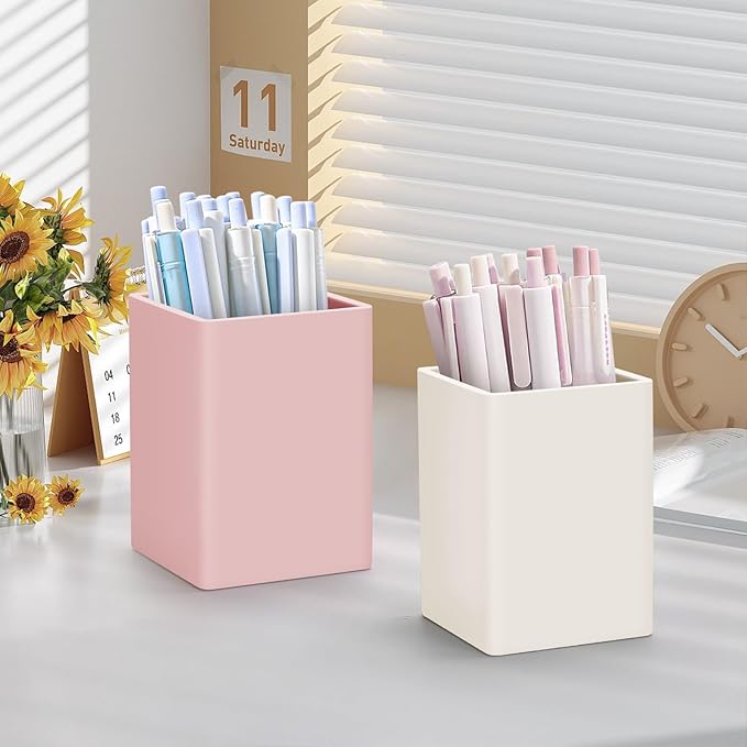 Pen Holder for Desk,Nordic Elegance Square Silicone Pencil Holder Soft Minimalist Desk Pen Cup Stand Waterproof Multifunctional Office Supplies for Home,Kids and School(Beige)