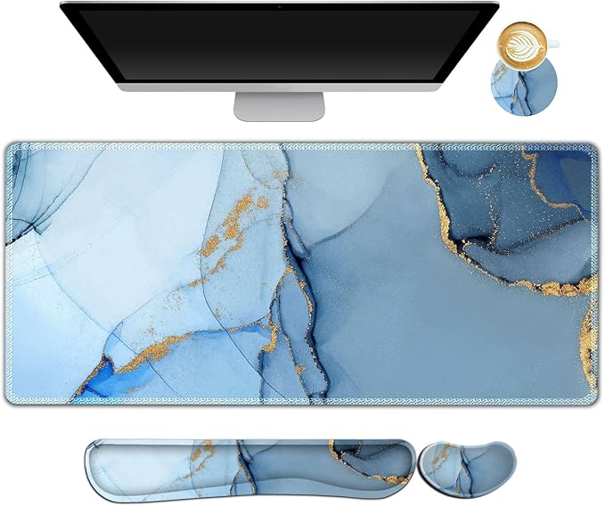 AIMSA Large Gaming Mouse Pad Set, Keyboard Wrist Rest Support Mouse Pad, Ergonomic Memory Foam Multifunctional Extended Desk Mat 35x15.7in Anti-Slip Rubber Base for Office Home, Blue Marble