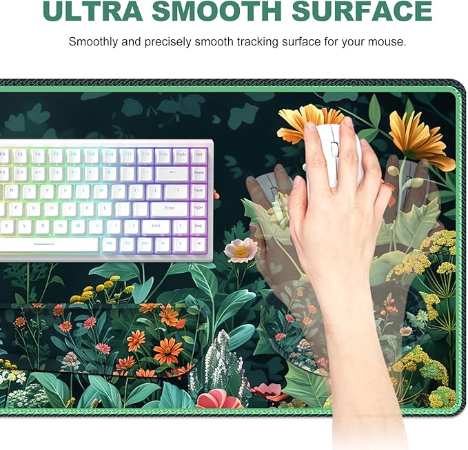 Desk Mat for Keyboard and Mouse, 4 in 1 Desk Pad, Ergonomic Mouse Pad Wrist Support, Keyboard Wrist Rest Set, Large Gaming Mouse Pad with Stitched Edges for Home Office, Green Daisy Leaves