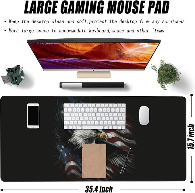 Desk Mat, USA Flag and Bald Eagle Extended Large Gaming Mouse Pad for Desk XXL, Non-Slip Rubber Base Stitched Edges Long Computer Keyboard Desk Pad Mouse Mat for Home Office Gaming 35.4"X15.7"