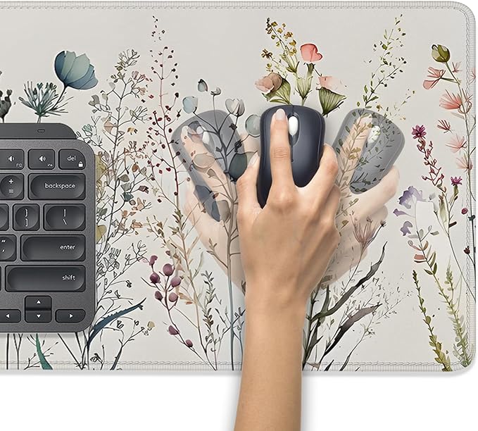 Watercolor Plant Flowers Desk Pad Mouse Pad,Floral Prints Extended Large Gaming Mouse Mat with Stitched Edges,Non-Slip Waterproof Rubber Base Mousepad for Office Work Home(27.5X11.8 in)