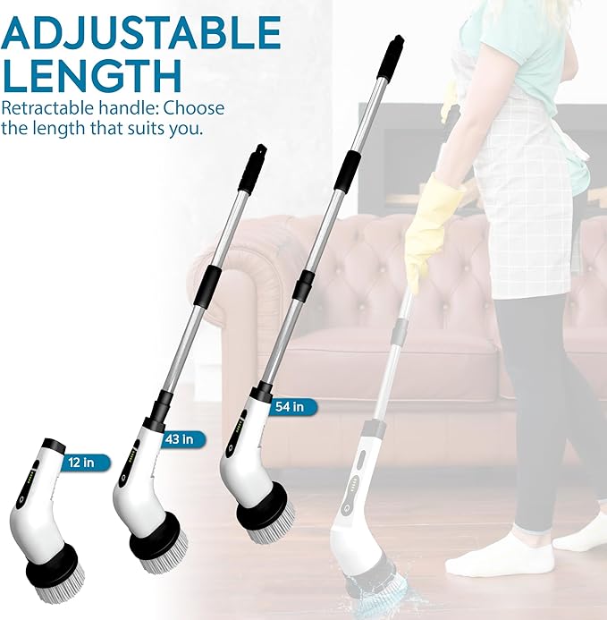 Deliverypacket -Electric Spin Scrubber with 9 Brush Heads, Cordless Shower Cleaning Brush with Long Handle, Rechargeable & Waterproof