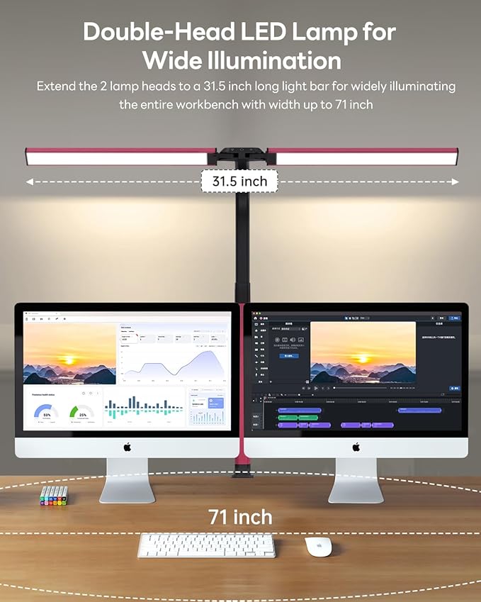 LED Desk Lamp for Home Office, Eye-Caring Desk Light with Clamp, Stepless Dimming 24W Double Head Architect Task Lamp with Remote Control, Flexible Gooseneck for Working Studying Reading Drafting（RED)