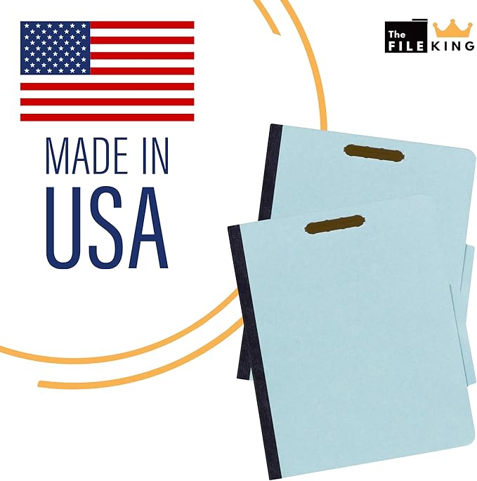 The File King Three Divider Pressboard Classification Light Blue File Folder - Letter Size | Box of 10 | 2/5 ROC Top Tab | 3” Expansion | Eight 2-Inch Fastener Prongs | Made in USA