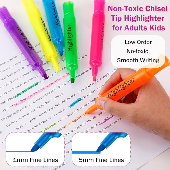 Teling 300 Pcs Highlighters Bulk Chisel Tip Tank Style Highlighters for School Classroom Assorted Color Fluorescent Pens for Office Shop