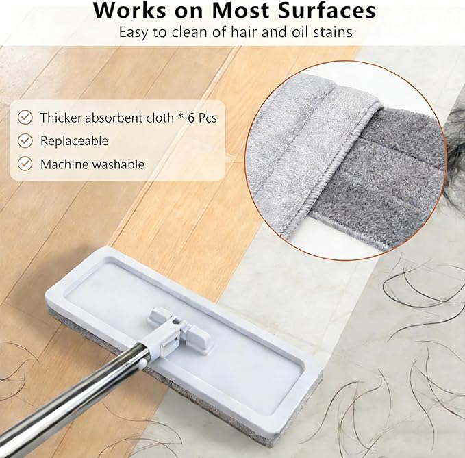 Meetue Mop and Bucket Set, Flat Mop and Bucket System with Wringer, Automatic Separates Dirty and Clean Water Include 6 Reusable Microfiber Mops for Floor Cleaning