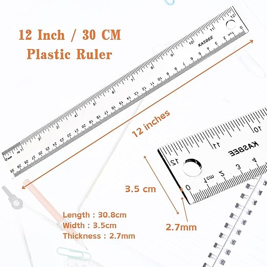 Plastic Ruler 12 inch, Clear Rulers with Hanging Holes, Inches, Centimeters, Millimeters, Straight Measuring Tools for Students, School and Office, Pack of 2