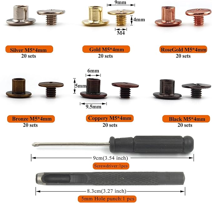 Alloypro 120 Sets Chicago Screws with Hole Puncher and Screwdriver Assorted Kit 6 Color Leather Rivets Screw Flat Fillister Book Binding Posts Nail Rivet Chicago Bolts for DIY Leather Craft (5×5mm)