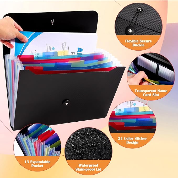 3 Pcs Accordion Folder 13 Pocket Expanding File Folder,Plastic Accordion File Organizer with Labels,Accordian Filing Folder,A4 Letter Size Paper Document Receipt Organizer for Office Home