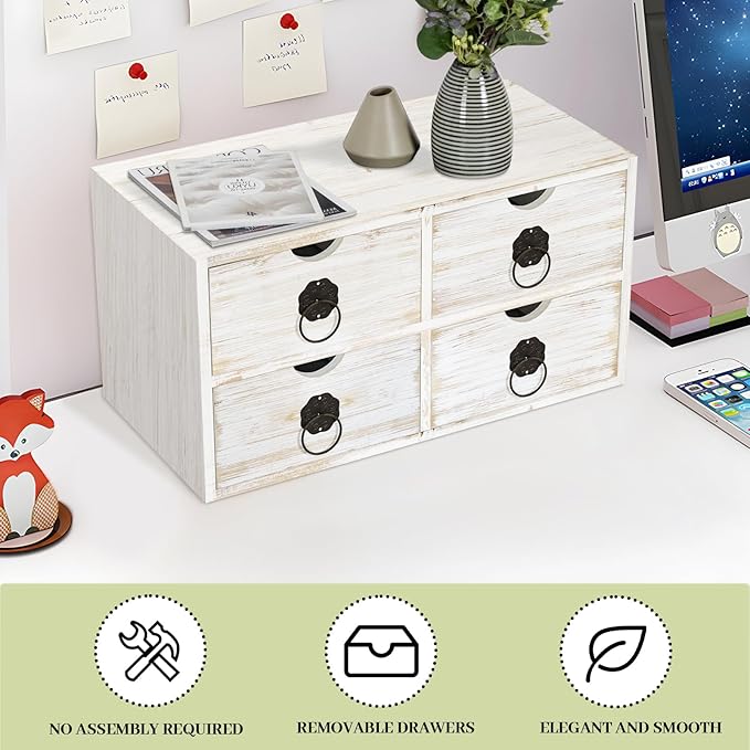 Wood Desk Organizer, White Wooden Desktop Organizer with Drawer, Tabletop Storage Organization Box for Countertop, Home Office Supplies, Bills (4 Drawer)