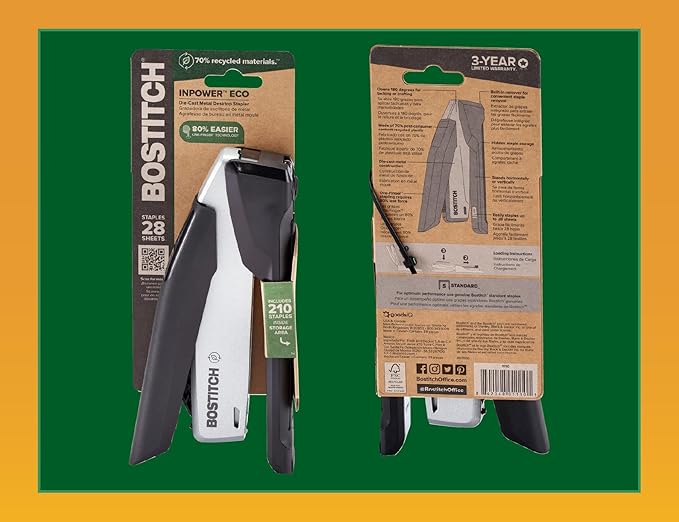 Bostitch Office InPower Desktop Eco-Friendly Stapler, One-Finger Technology, Jam-Free, Includes 210 Staples, Black (1100)