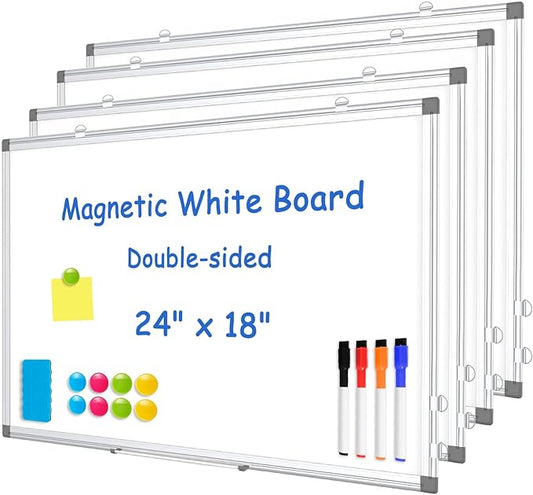 WALGLASS 4 Pack White Board, 24" x 18" Double-Sided Dry Erase White Board for Wall, Hanging Mounted Whiteboard, Horizontal or Vertical Silver Aluminium Frame for Home, School, Office, Kitchen