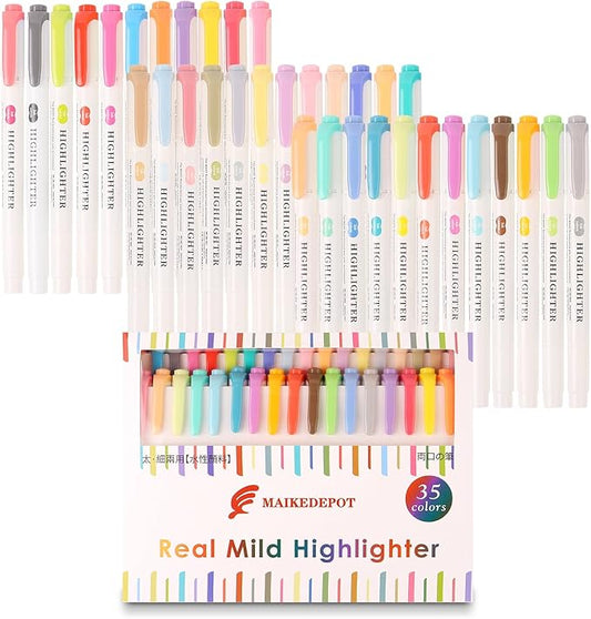 Assorted Colors Highlighters, Pastel Highlighter Real Mild Markers Dual Tip Highlighter Markers Chisel and Fine Tips for Coloring, Underlining, Highlighting (35colors)