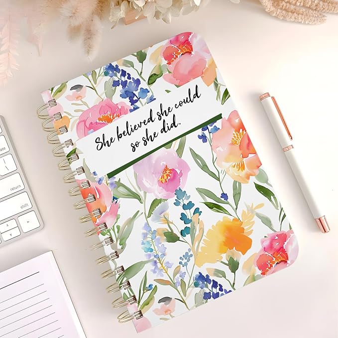 Cute Spiral Notebook journal A5 Aesthetic Pretty Floral Design for Women Girls Kawaii with Pocket, 8.5 x 5.7 inch, Flower
