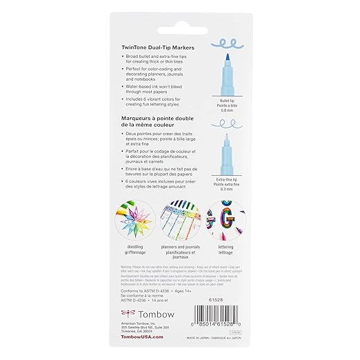 Tombow TwinTone Marker Set, 6-Pack Pastel. Double-Sided Markers Perfect for Planners, Journals, Doodling, and More!