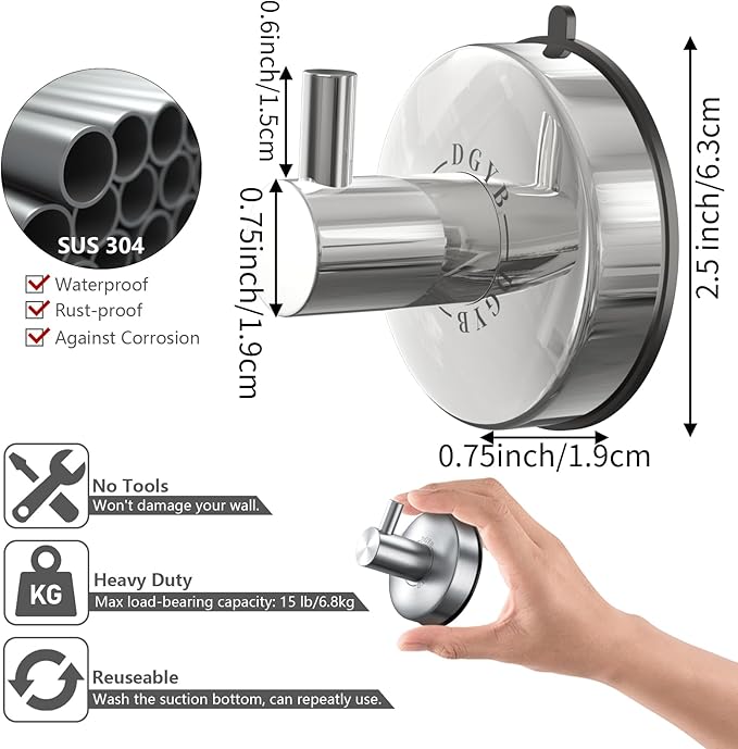 DGYB Suction Cup Hooks - 15LB Shower Hooks for Inside Shower, Stainless Steel No Drill Wall Hook Set of 4 Chrome Towel Hook for Bathrooms, Loofah, Robe