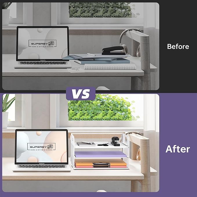 Supeasy 3 Tier Paper Organizer with Handle, Mesh Desk Organizer Letter Tray, Paper Tray File Organizer for A4 File Folder, White