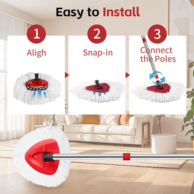 ANREKEYH Spin Mop Replace Head, Base, Handle Compatible with O Cedar EasyWring Microfiber Spin Mop, 4 Mop Refills Replacement Heads, 30-58in Mop Handle and 1 Mop Base Combo Set (White (1-Tank System))
