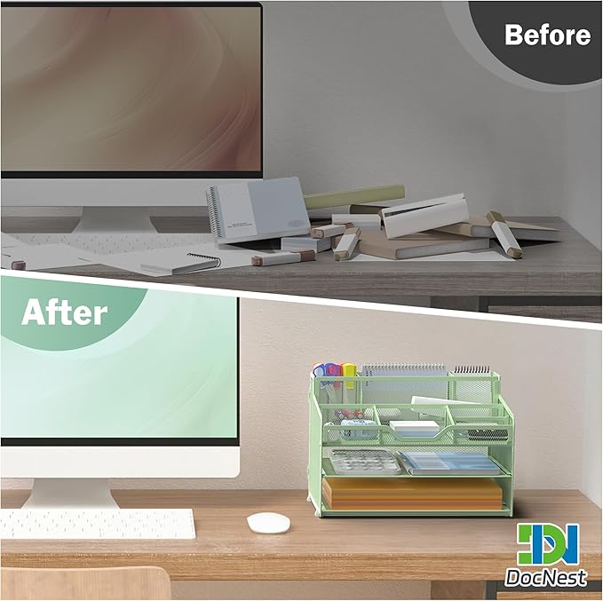 Docnest 3 Tier Mesh Desk Organizer for Paper Office Supplies – Multi-Functional Letter Tray with 5 Adjustable Compartments, 3 Pen Holders, Desktop Storage for Files, Mail, Stationery – Green